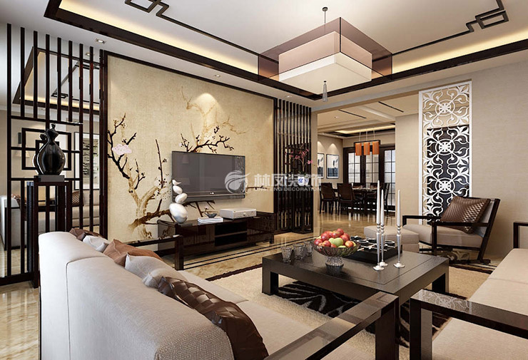 保利茉莉公館127㎡中式風(fēng)格客廳裝修效果圖